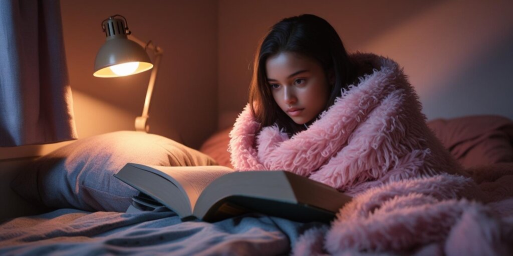 College Student in dorm room bundled in blanket